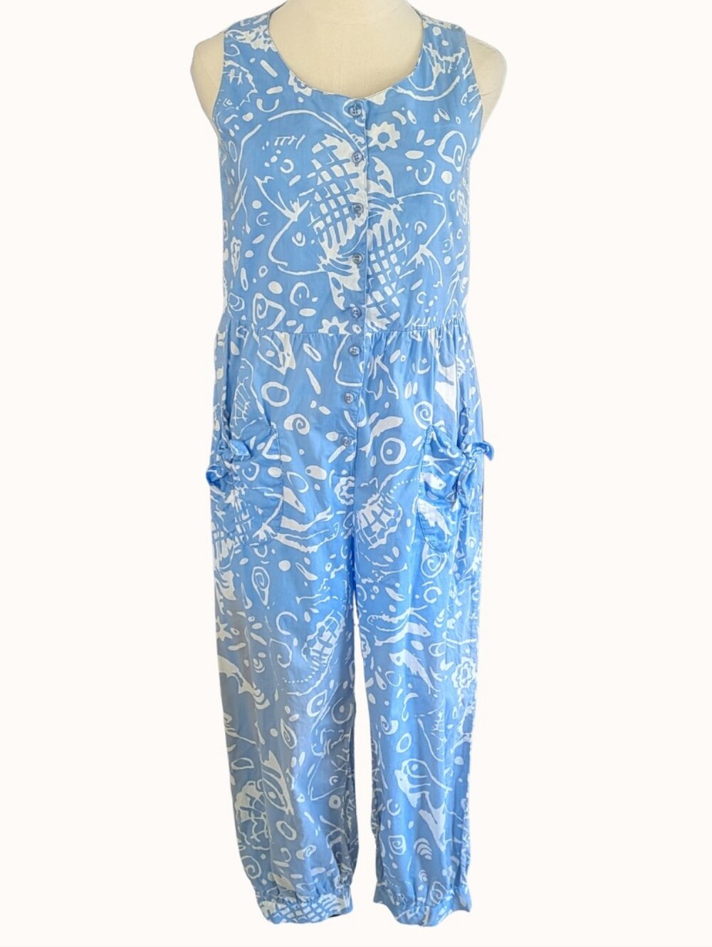 Vintage 1990s Fish Print Relaxed Fit Button Front Jumpsuit 100% Cotton size M